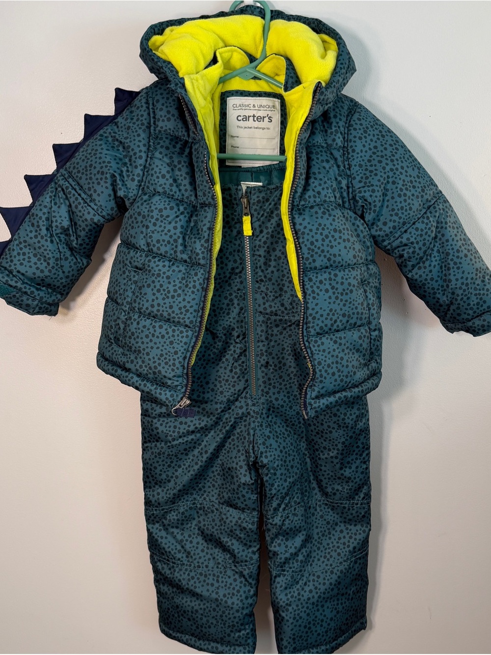 Carter's boys 2 piece dinosaur snowsuit & jacket set ski bibs EUC 4T winter warm